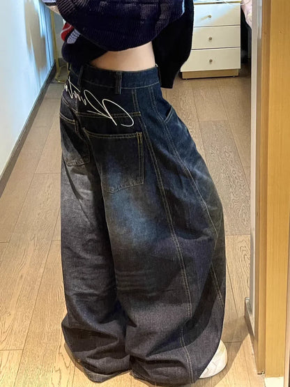 Casual Women's Y2K Loose Baggy Jeans Blue Washed High Street Vintage Cargo - APEX RITUAL women's jeans