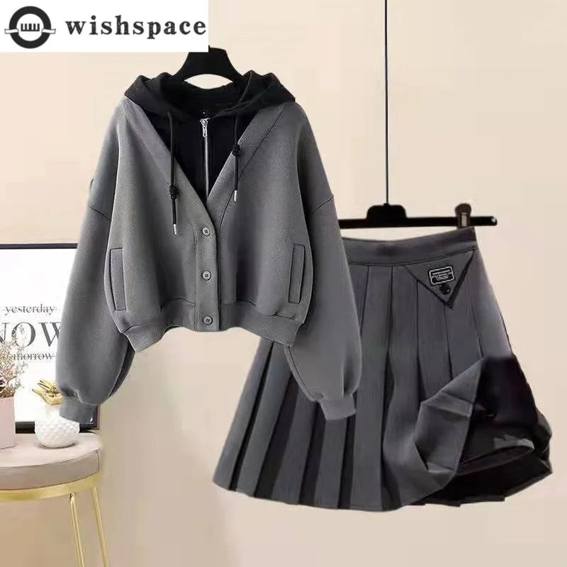 Plush Thickened Casual Long Sleeved Hooded Mini Pleated Skirt Two-piece Set - APEX RITUAL women's skirts