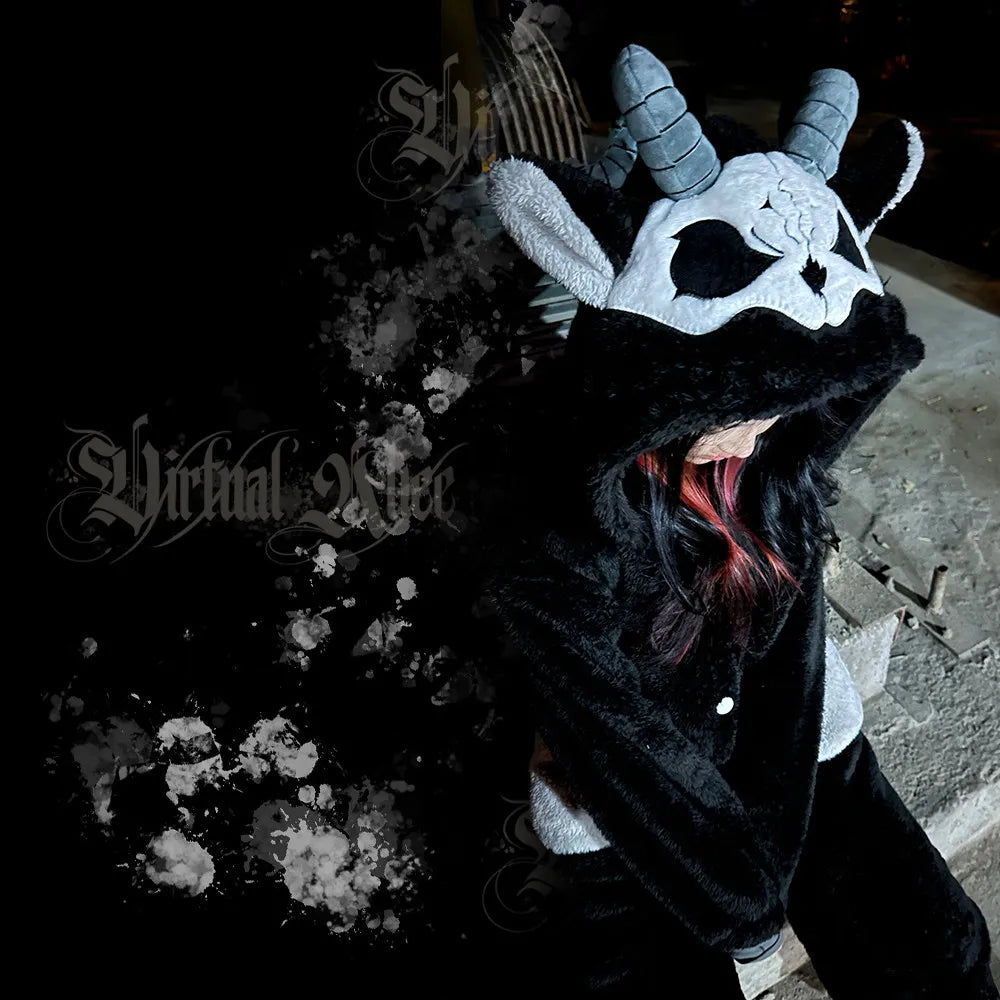 Virtual Alice Dark Gothic Demon Death Skull Horned Hooded Robe Thickened Coral Fleece Winter Warm Long Sleepwear Loungewear