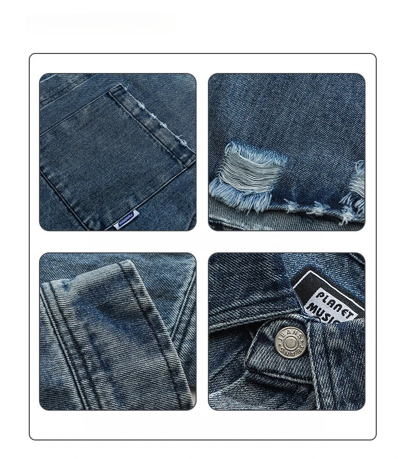 American Streetwear Wash Denim Shirts For Men Harajuku Casual Men'S Clothing Vintage Blue Lapel Cargo Coat Korean Long Sleeve
