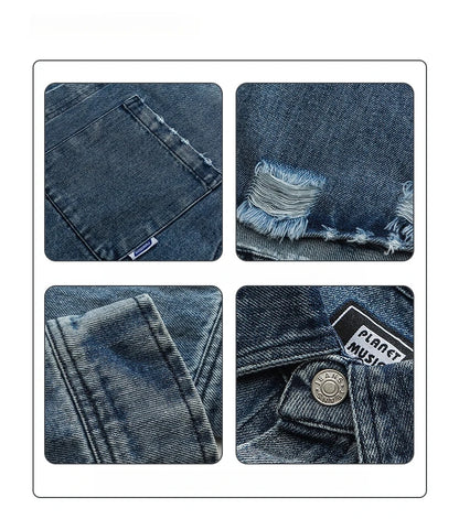 American Streetwear Wash Denim Shirts For Men Harajuku Casual Men'S Clothing Vintage Blue Lapel Cargo Coat Korean Long Sleeve