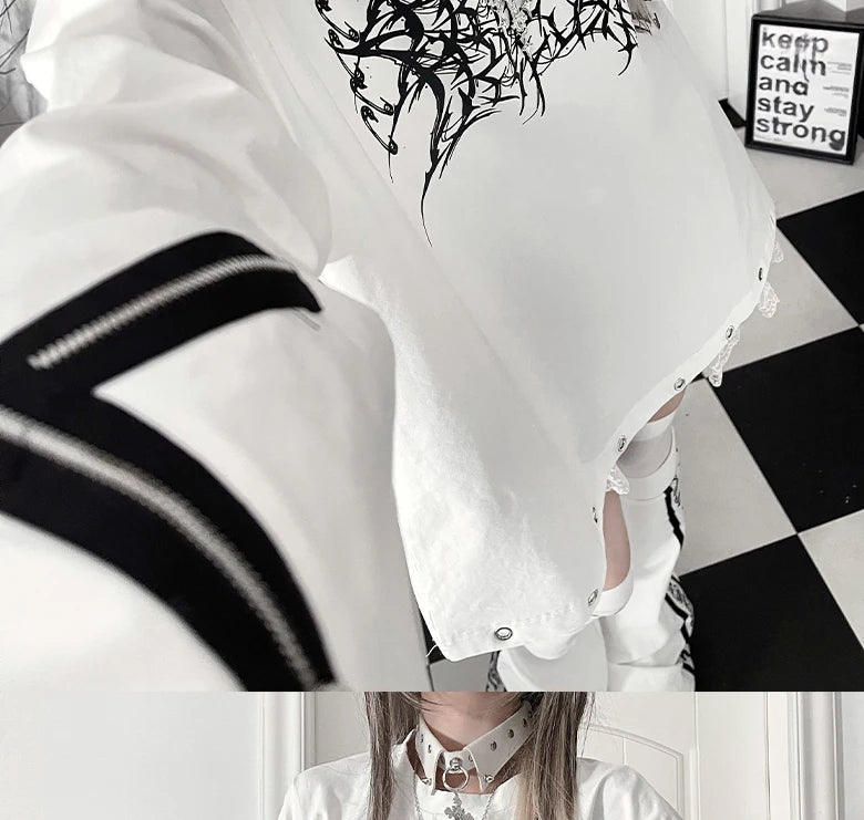 Original Print Subculture Dark Loose Long Sleeve Pure Cotton T-Shirt Japanese Punk Gothic Long Sleeve Round Neck Cool Girl Top