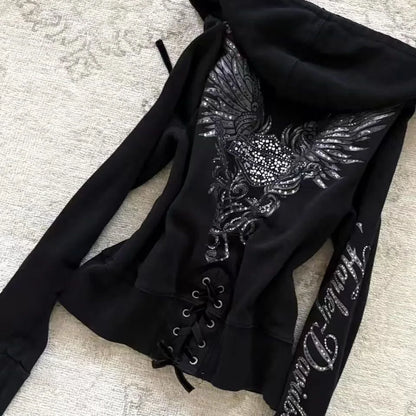 Women's Jacket Y2K Gothic Drawstring Design Black Zipper Sweatshirt Harajuku Letter Pattern Sexy Slim Fit Hoodie