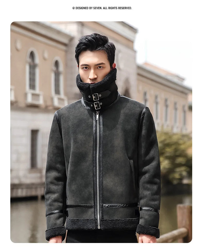 Fashion Solid Slim Korean Style Leather Coat Fleece Jacket Men Leather Jacket Winter Faux Fur Collar Windproof Warm Clothing