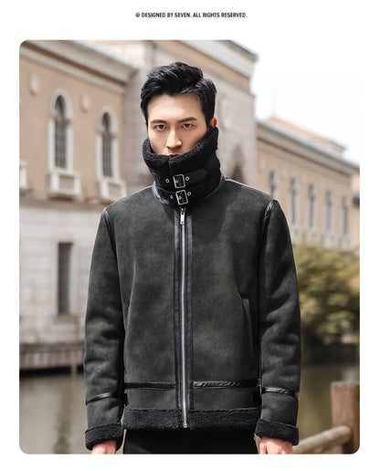 Fashion Solid Slim Korean Style Leather Coat Fleece Jacket Men Leather Jacket Winter Faux Fur Collar Windproof Warm Clothing