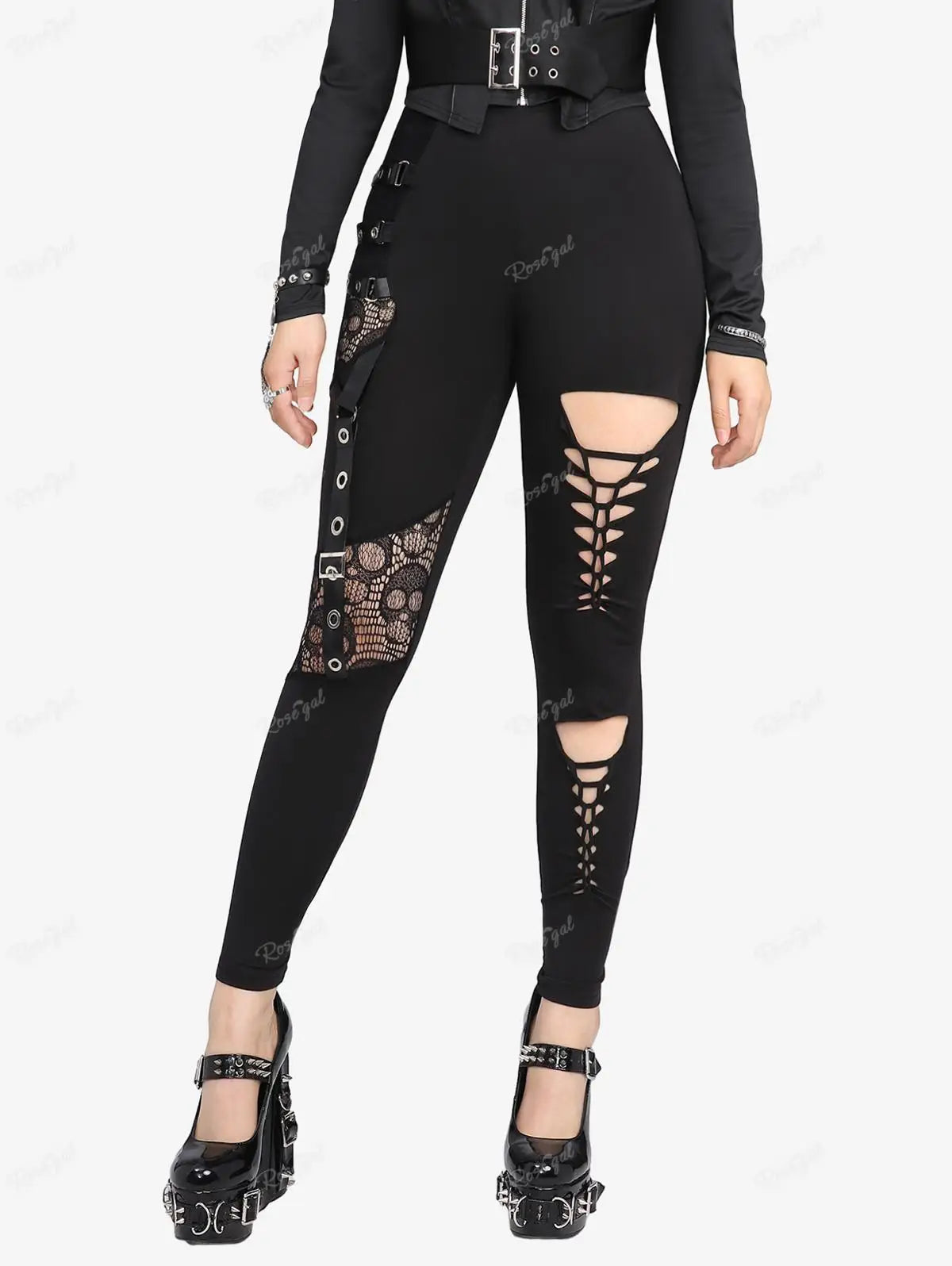 Plus Size Women Elastic Waist Pants Black Gothic Fishnet Hollow Out Patchwork Buckle Grommet Skinny Pant Bottoms