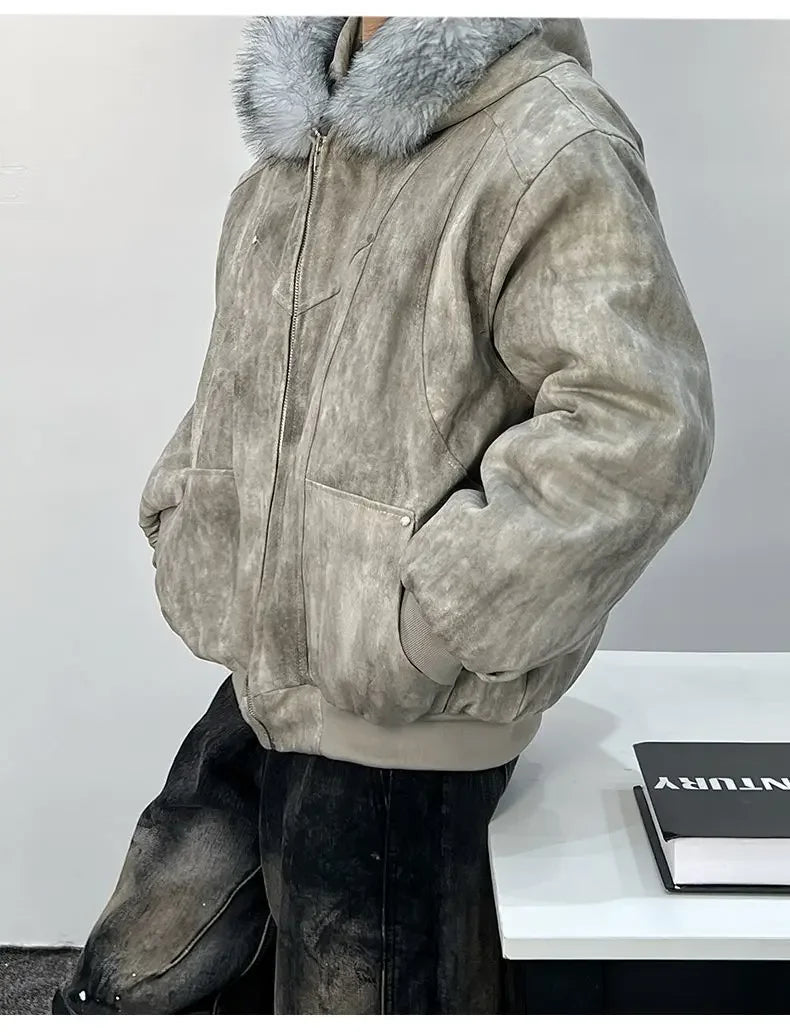 Winter men's cotton jacket with fur collar eagle embroidery and tie-dye design outdoor style jacket thickens and comfortable