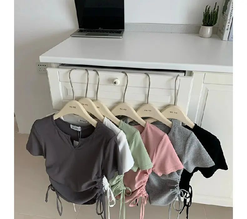 レディース アシンメトリー ドローストリング VネックTシャツ