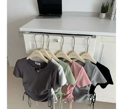 レディース アシンメトリー ドローストリング VネックTシャツ