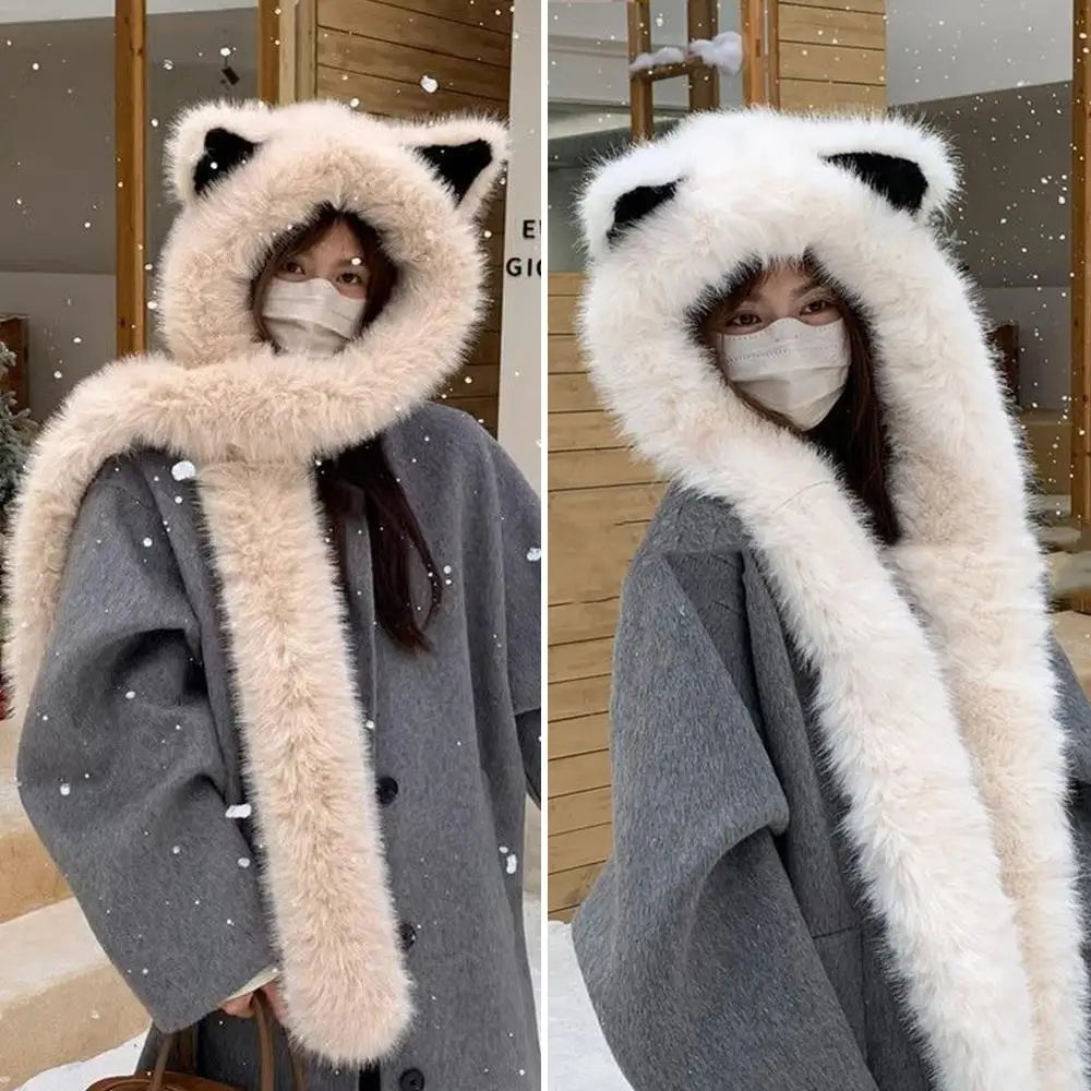 2025 New Women's Plush Fox Ear Bucket Hat Windproof Integrated Cap Scarf Trendy Cute Plush Neck Warm Hat Scarf Balaclava Hat