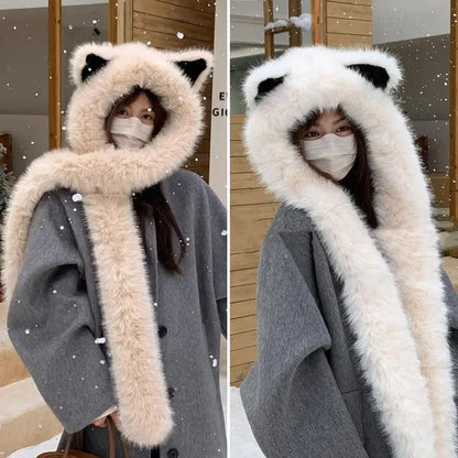 2025 New Women's Plush Fox Ear Bucket Hat Windproof Integrated Cap Scarf Trendy Cute Plush Neck Warm Hat Scarf Balaclava Hat