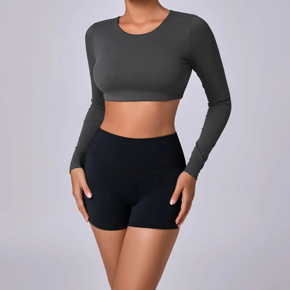 Crop Top Women Long Sleeve Tees 2026 Gym Shirt Padding Sports T-shirts Push Up Yoga Clothing Black White Blue Coffee Gray Navy