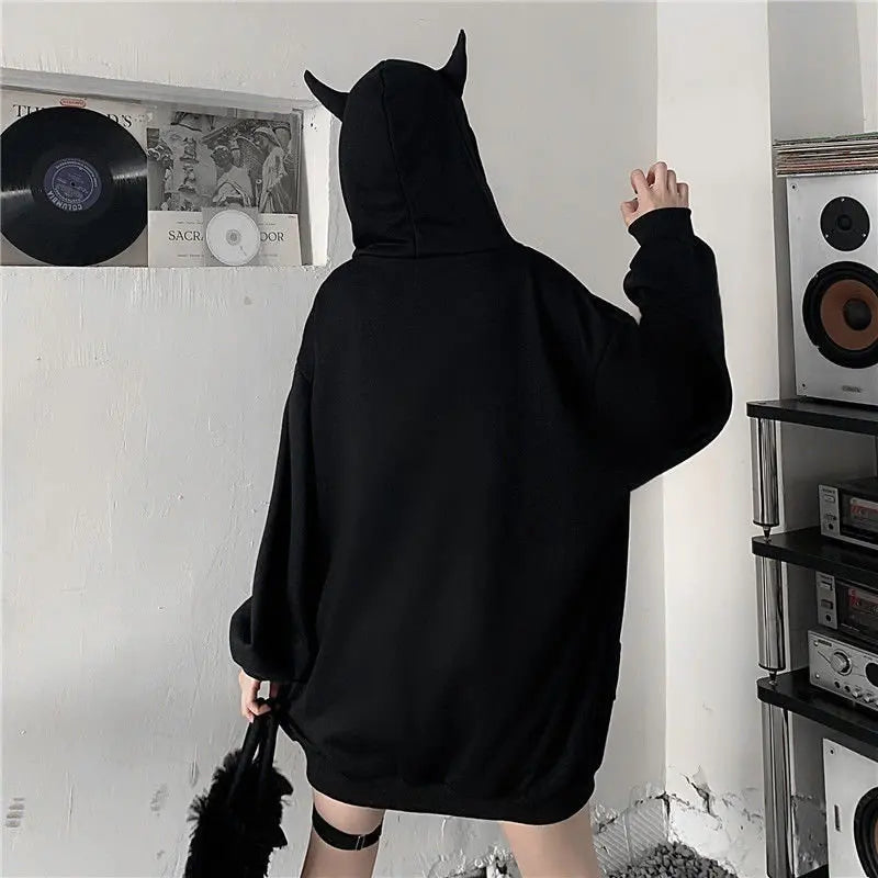 Autumn Womens Harajuku Punk Gothic Girls Black Devil Horn Hoodies Sweatshirt Hooded Japanese Hip Pop Plus Size Top Y2k Clothes