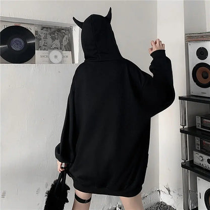 Autumn Womens Harajuku Punk Gothic Girls Black Devil Horn Hoodies Sweatshirt Hooded Japanese Hip Pop Plus Size Top Y2k Clothes