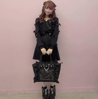 Japanese Style Mine Bags Women Ruffled Lace Lolita Girls Rhienstone Pearl Bowknot Square Tote Shoulder Portable Bolso Handbags