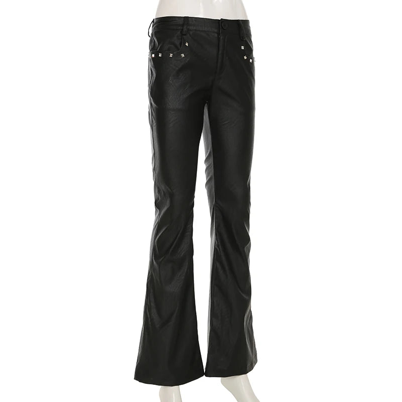 2025 Autumn Winter Women's PU Pants Low Rise Goblin Core Faux Leather Trousers Bell Bottom Gothic Japanese Y2k Stretch 2000s New