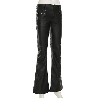 2025 Autumn Winter Women's PU Pants Low Rise Goblin Core Faux Leather Trousers Bell Bottom Gothic Japanese Y2k Stretch 2000s New