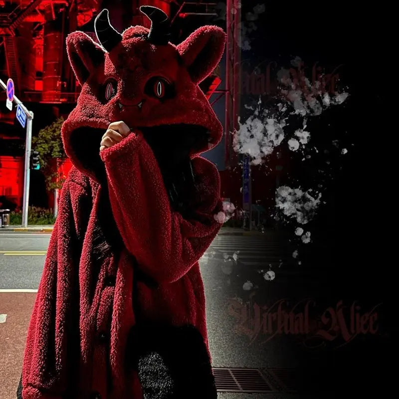 Virtual Alice Dark Gothic Demon Death Skull Horned Hooded Robe Thickened Coral Fleece Winter Warm Long Sleepwear Loungewear