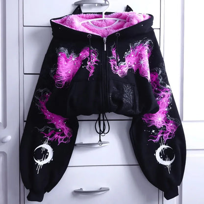 Black Cat Ear Hooded Jacket Womens Pink Fluffy Lining Mystical Magic Circle Back Print Flame Sleeve Print Zip Up Warm Outerwear