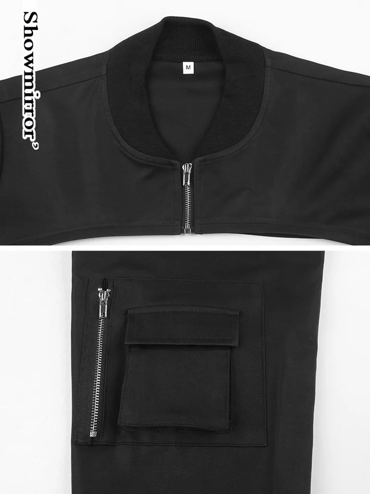 Showmirror Super-short Black Jacket Zipper Long Sleeve Harajuku Cropped Tshirt Gothic Techwear Fashion Korean Tee Punk Street