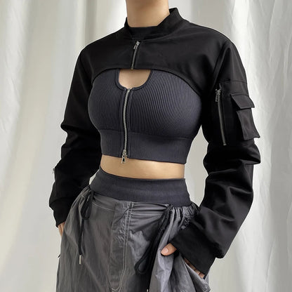Showmirror Super-short Black Jacket Zipper Long Sleeve Harajuku Cropped Tshirt Gothic Techwear Fashion Korean Tee Punk Street