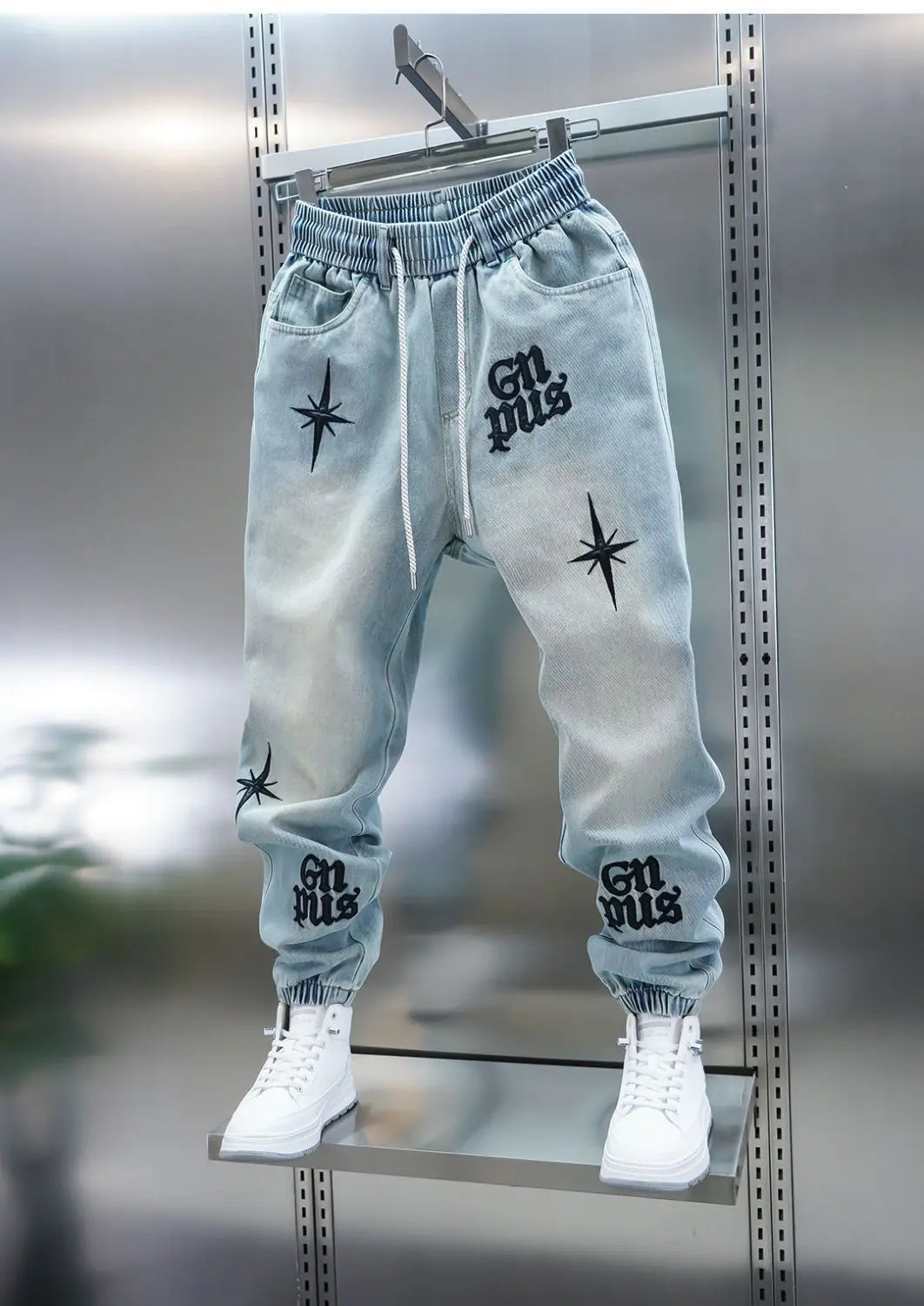 American high-street letter embroidered washed denim jeans fashion loose-fitting jogger harem pants slim-fit casual pants