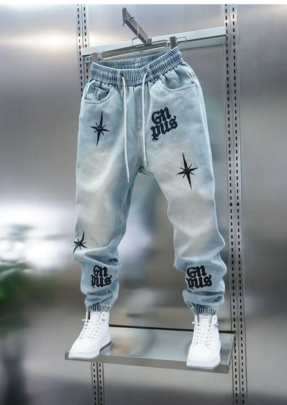 American high-street letter embroidered washed denim jeans fashion loose-fitting jogger harem pants slim-fit casual pants