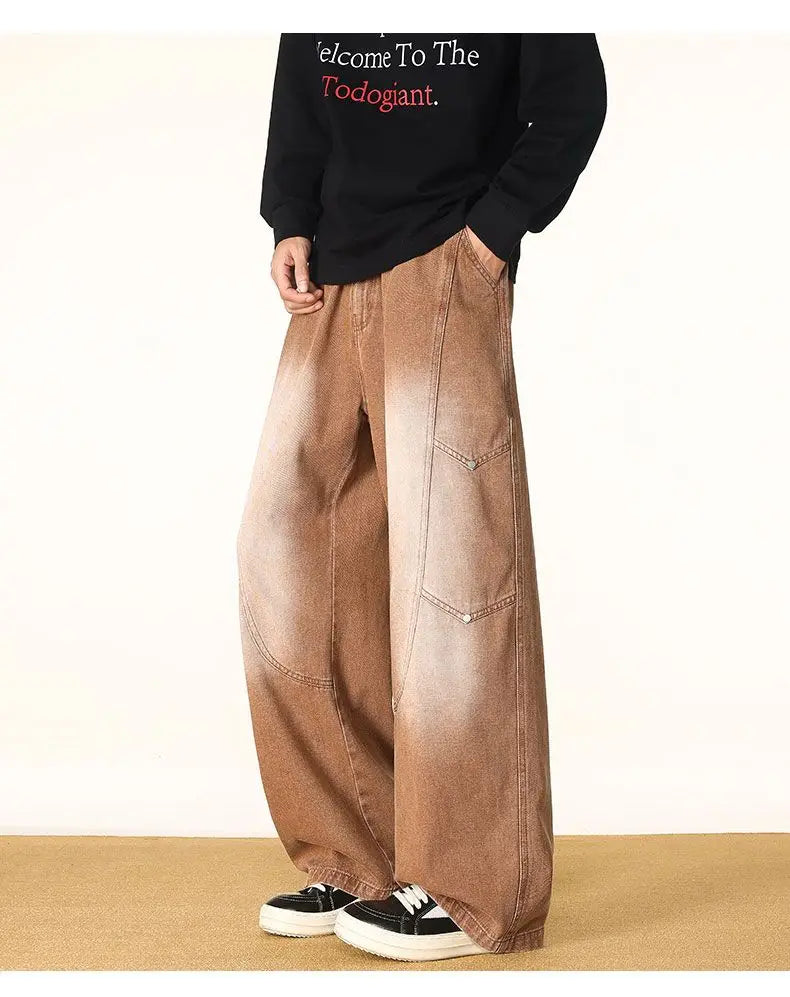 Men's Spring And Autumn Fashion Washed Large Versatile Casual Pants Retro Splicing Nail Beaded Jeans Loose Straight Leg Pants