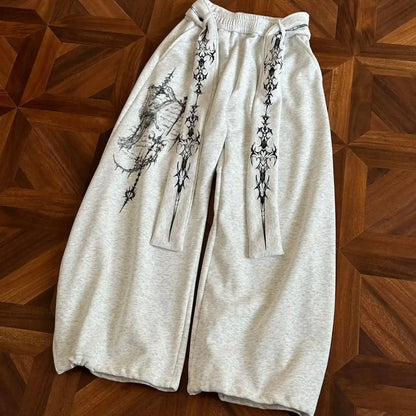 Retro American Black Loose Sweatpants Y2k Men Women Streetwear Dark Gothic Wide Leg Pants Fashion Embroidered Belt Jogging Pants