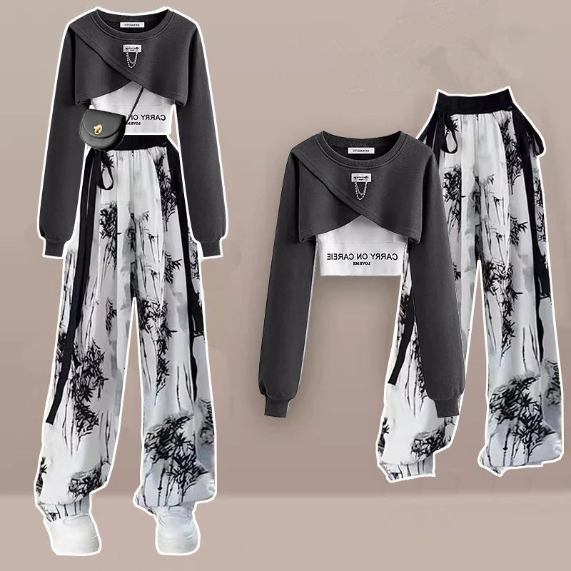 Spring Autumn Women Fashion Crop Sweatshirt Letter Sling Print Pants 1 or 3 Piece Set Lady Cool Streetwear Outfits Tops Trousers
