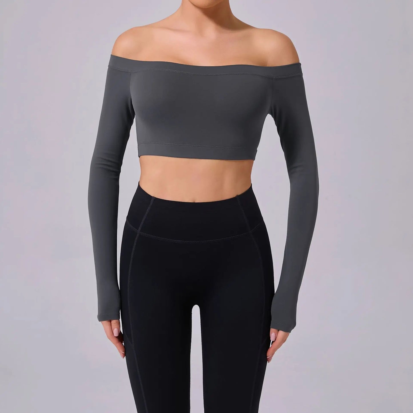 Fashion Long Sleeve Slash Neck Sports Top Women Crop Top for Fitness Yoga Wear Fashion Sports Short T-shirt Gym Workout Shirt