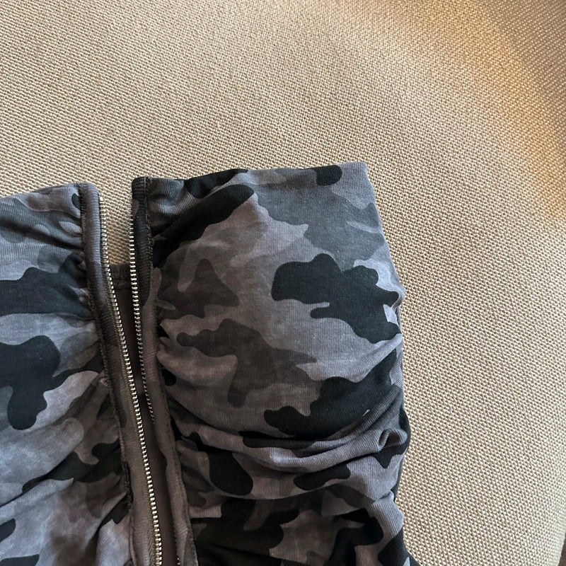Sexy American Girl Camouflage Print Tube Top Vest Women's Summer Zipper Open Cardigan Shoulder Bared Short Style Top