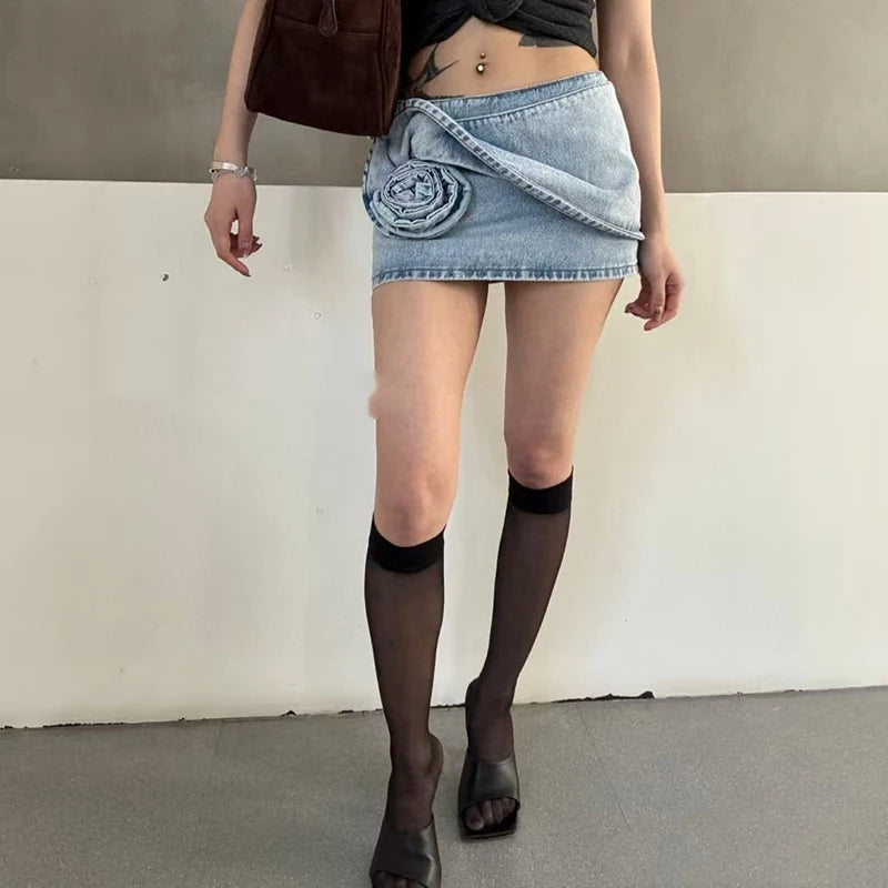 Women's Cowboy Rose Mini Skirt, Fashion Sexy Slim Ultra Short Skirt, Three-dimensional Flower Decoration Half-body Skirt, 2025,