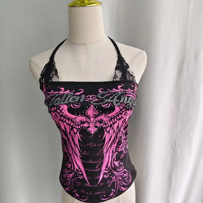 Kimotimo Vintage Letter Diamonds Print Fake Two Lace Halter Vest Women Punk Y2k Slim Sleeveless Crop Top Harajuku Gothic Tanks