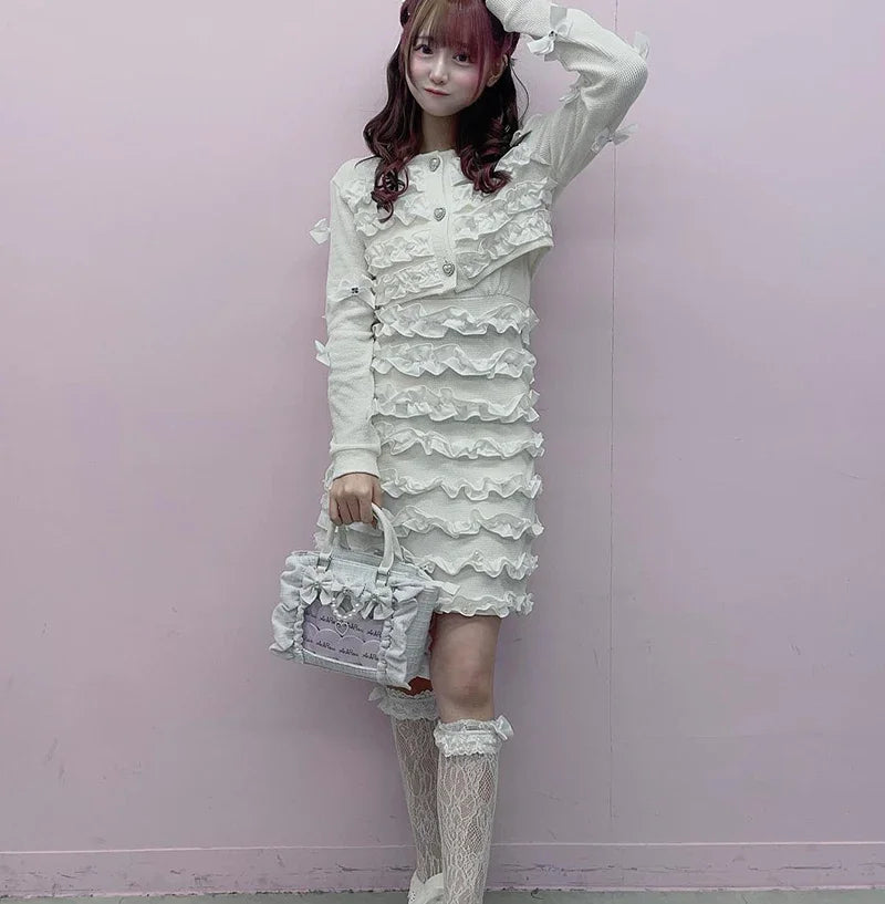 Japanese Style Mine Bags Women Ruffled Lace Lolita Girls Rhienstone Pearl Bowknot Square Tote Shoulder Portable Bolso Handbags
