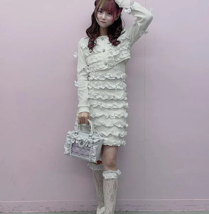 Japanese Style Mine Bags Women Ruffled Lace Lolita Girls Rhienstone Pearl Bowknot Square Tote Shoulder Portable Bolso Handbags
