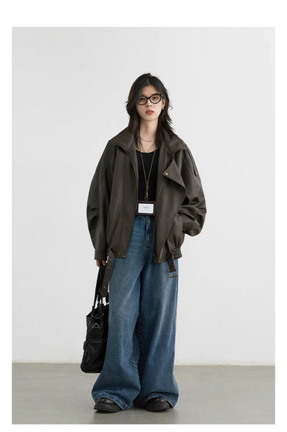 CHIC VEN Woman PU Jacket Solid Loose New Retro Standing Collar Motorcycle Faux Leather Coat Female Top Spring Autumn 2026
