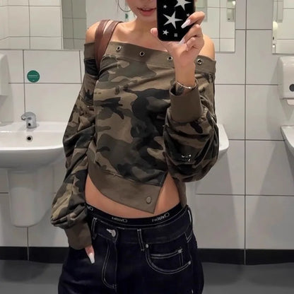 Camouflage Off Shoulder Long Sleeve Sweatshirt For Women Autumn Sexy Personality Design Slim Fit One Character Shape Short Tops