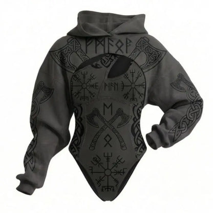 Viking Print Women's Hooded Jumpsuit Two-Piece Set Casual Loose Long Sleeve for Daily Home Lounge & Streetwear