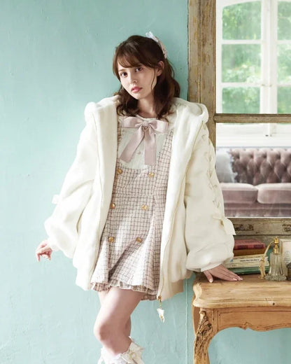 High Quality Japanese Winter New Sweet Cute Mine Cute Rabbit Ear Plush Cotton Coat Jacket Girl Lolita Fur Coats Women Parkas