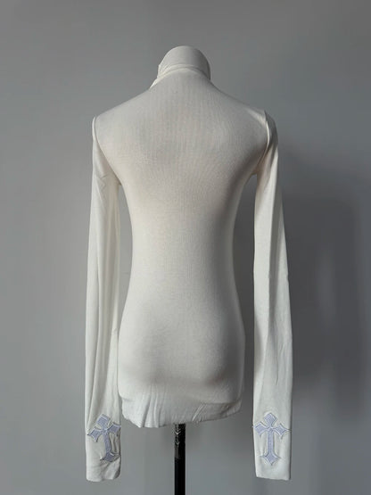 High Neck Dark Gothic Cross Hollow Slimming Bottom Knitted Shirt for Women Halloween Costume Long Sleeve Sexy T-shirt Women Tops
