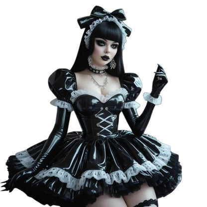 Women's Black PVC Lolita Ruffle Party Dress
