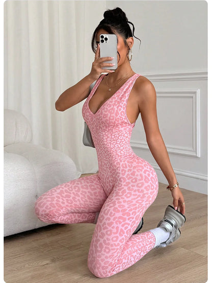 Women's Leopard Print Cross-Back Yoga Jumpsuit