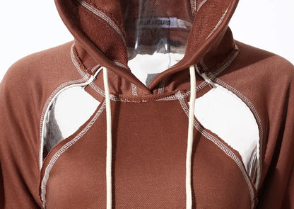 Women Hooded Sweatshirt Color Clashing Bright Line Short Top Ladies Fashion Layering Hoodie Long Sleeved Tops Hiphop Style