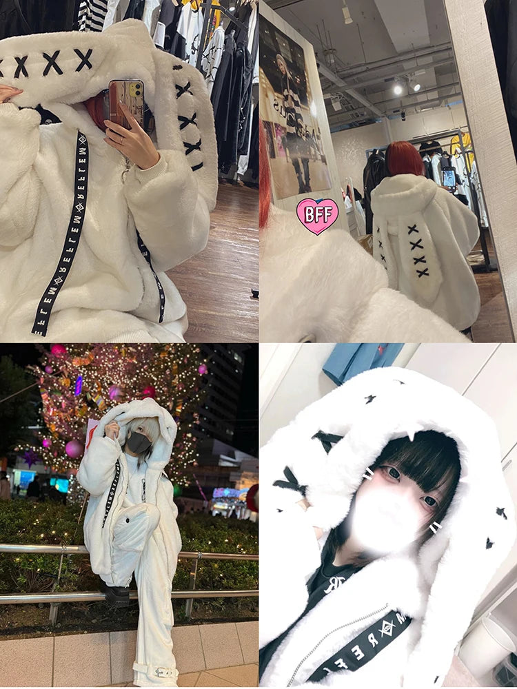 Women's White Faux Fur Bunny-Ear Coat