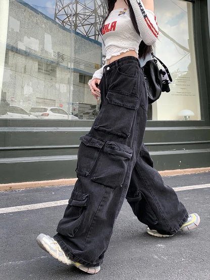 Trashy Y2K 2000S Streetwear Washed Black Baggy Jeans Cargo Pants For Women Clothes Multi Pockets Wide Leg Gothic Lady Trousers
