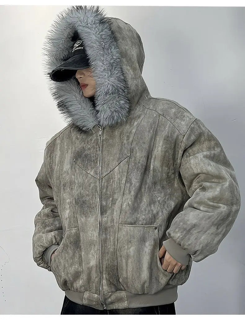 Winter men's cotton jacket with fur collar eagle embroidery and tie-dye design outdoor style jacket thickens and comfortable