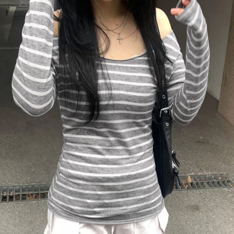 Spring Fall Women's New Basic Models Slim Long-Sleeved Striped t-Shirt Strapless Street Style y2k Thin Tops