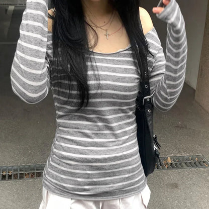 Spring Fall Women's New Basic Models Slim Long-Sleeved Striped t-Shirt Strapless Street Style y2k Thin Tops