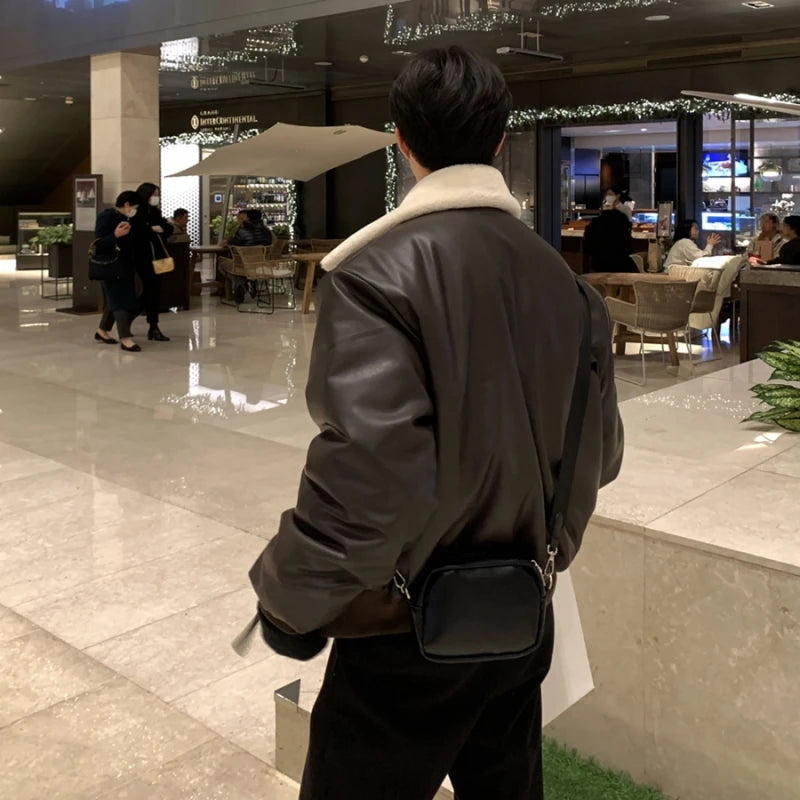 Winter Jacket Men Warm Fashion Casual Thickened Leather Jacket Men Streetwear Korean Loose Short Coat Mens Thick Leather Coat